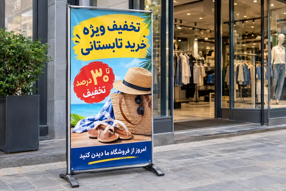 استند تبلیغاتی در فضای بیرونی یک فروشگاه