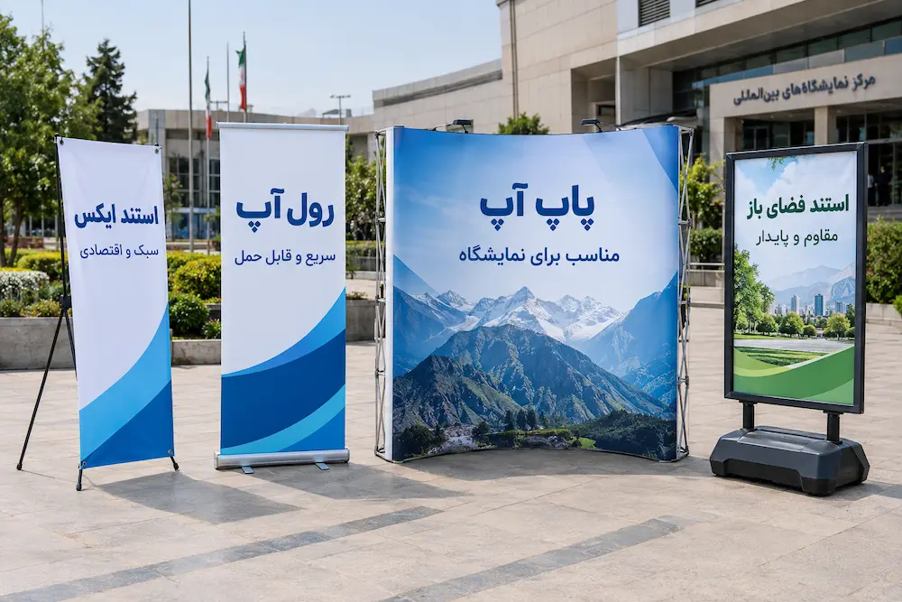 مقایسه استند ایکس، رول آپ، پاپ آپ و استند قاب دار در فضای خارجی