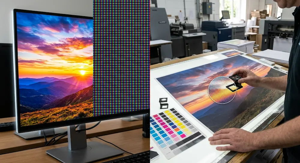 مقایسه رنگ RGB روی مانیتور با رنگ CMYK روی کاغذ چاپی