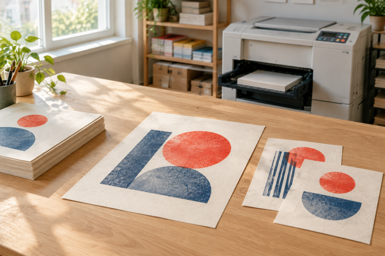 دستگاه چاپ ریسوگراف در کنار نمونه پوسترهای دو رنگ روی کاغذ بدون روکش