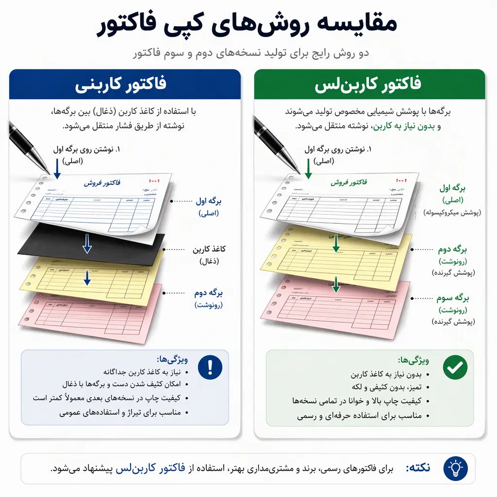 مقایسه فاکتور کاربن‌لس و کاربنی؛ انتقال نوشته بدون کاربن جداگانه و با برگه کاربن بین نسخه‌ها